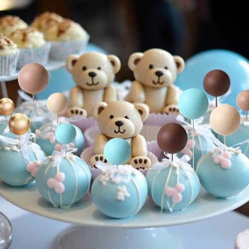 Geelin 101 Pcs Teddy Bear Ball Cake Toppers Decors Blue Brown Gold Khaki Mini Balloons Foam Balls Cake Toppers for Bear Birthday Cupcake Baby Shower Wedding Decoration by Geelin - Used condition - Image 6