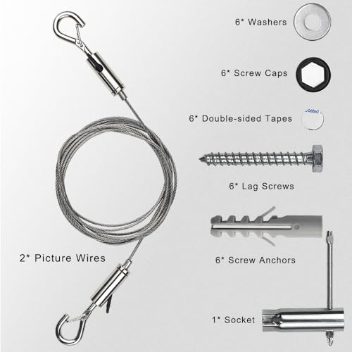 Image of Picture Hanging Wire, Anchors Lag Bolts Kit for Adjustable Heavy Curtain Mirror Hold Up to 70 lbs