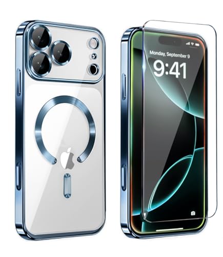 Image of Magnetic Glossy Case for iPhone 17 Pro,iPhone 17Pro Phone Case Slim Clear Luxury with Screen Protector & Camera Protector [Compatible with MagSafe], Shockproof Cover for iPhone Pro 17-Blue