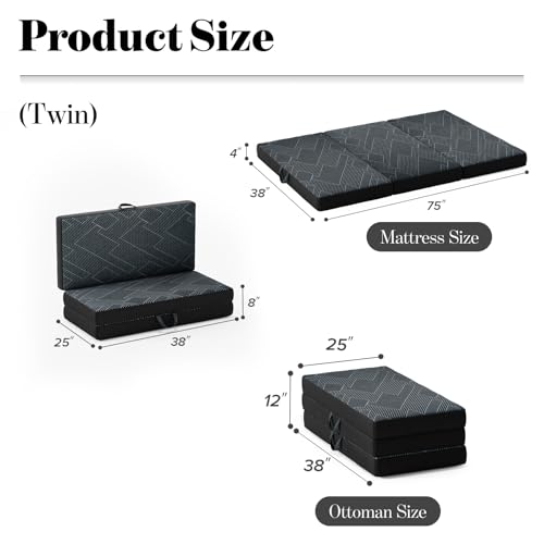 Image of Vamcheer Foldable Mattress Twin Size, 3 inch Folding Mattress, Tri-fold Memory Foam Mat with a Collapsible and Washable Cover, Handle & Non-Slip Bottom for Travel /Guest, 75 inchx38 inchx3 inch, Grey