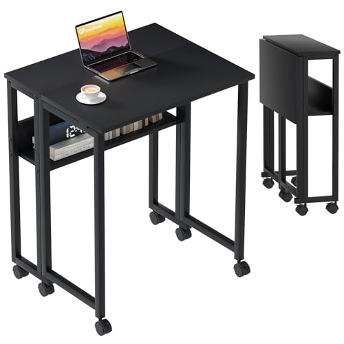 GreenForest Scrivania Pieghevole Salvaspazio con Scaffale, 80 CM Scrivania da PC su Ruote Facile da Assemblare, Adatta per Ufficio, Camera da Letto e Studio, Nera