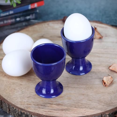 Image of QIMACPLUS Ceramic Soft Boiled Egg Holder Set | Durable, Stylish Egg Holder for Breakfast | Set of 2 (Blue)