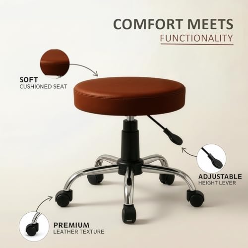 Image of DIYA Seating Nexa Round Stool (1 Year Warranty) with Adjustable Height, Wheels and Bonded Leather Upholstery, Sitting Stool for Salon, Doctor, Medical, Spa, Restaurant, Kitchen, Musicians- Brown