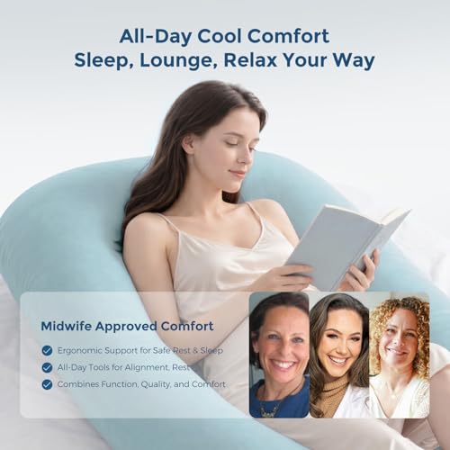 Image of Momcozy Pregnancy Pillows with Cooling Cover, U Shaped Full Body Maternity Pillow for Side Sleepers - Support for Back, Legs, Belly, HIPS for Pregnant Women, 57 Inch Pregnancy Pillow, Mist Blue