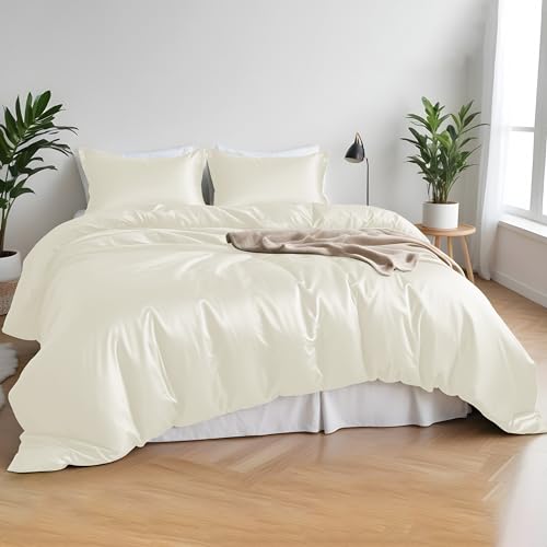 LINENWALAS 100% Organic Bamboo Core Bedding Set for Double Size Bed 4 Pcs, Soft Cooling Bamboo Silk Bedding Set Perfect for Skin 1 Duvet Cover, 1 Fitted Sheet & 2 Pillowcases (Double, Ivory/Off-White)