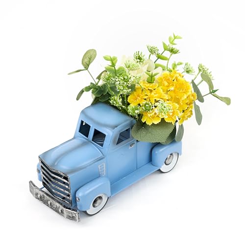 FLOROAD Spring Blue Truck Decor, Vintage Metal Pickup with Artificial