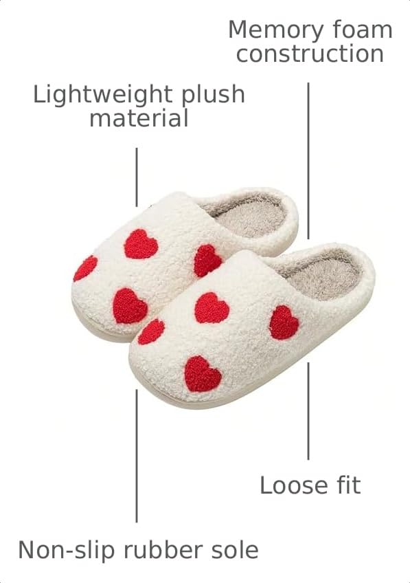 Image of Women's Men's Cute Fuzzy Heart Slippers Memory Foam Fluffy Couple Slippers Cozy House Indoor Outdoor Shoes
