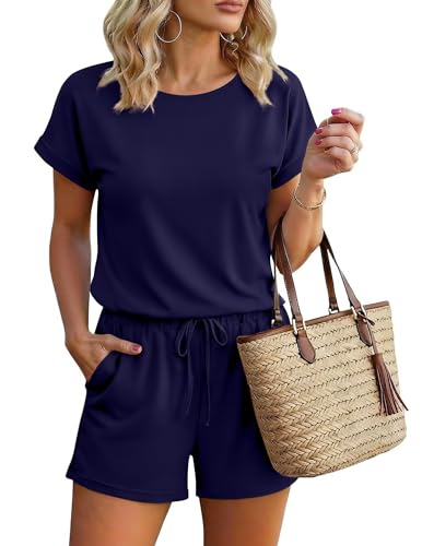Ekouaer Rompers for Women 2026 Summer Short Jumpsuits Beach Vacation Clothes Casual Travel Outfits Navy Blue M