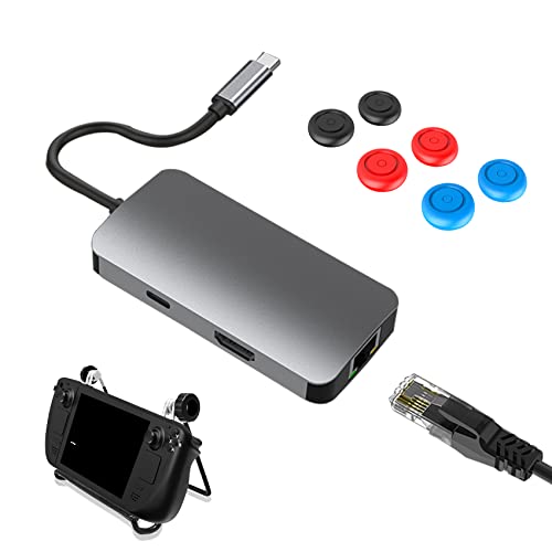 USB C Hub, AOJAKI 6 in 1 USB C auf HDMI Adapter, 6 Stück Daumengriffkappen, Standfuß kompatibel für Valve Steam Deck 2021, USB C Hub mit 1000M Ethernet, Typ C Ladeanschluss, 3 USB 3.0 Ports Adapter Cover