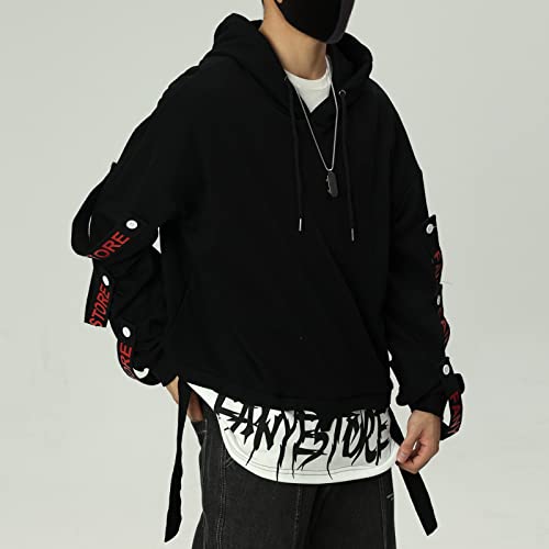 Covisoty Mens Hoodie Fashion Pullover Letter Print Top Blouse Tracksuits Techwear Patchwork Long Sleeve Hip Hop Sweatshirt Black B #TOP2