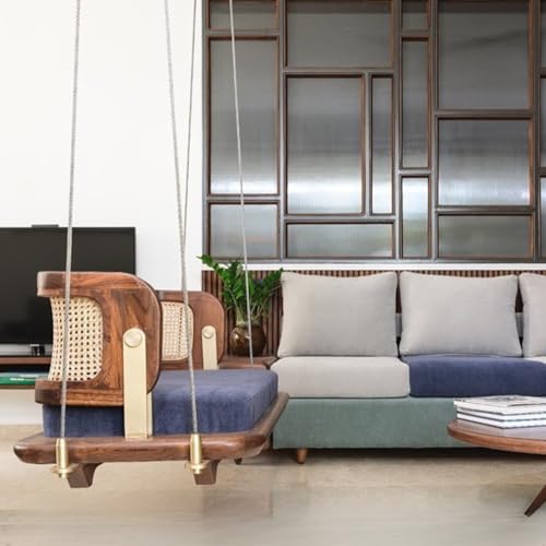 Image of Modern Luxury Wooden Reversible Swing (Jhula) for Home | Solid Sheesham Wood | Cane Weave Backrest | Adjustable Hanging Chain | Cushioned Comfort | Indoor & Covered Outdoor Use (48 Inch)