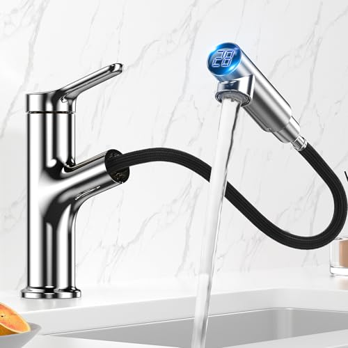 DETBOM Mitigeur Lavabo LED Intelligent avec Douchette Extractible à 2 Modes, Robinet Salle Bain avec Affichage Numérique de Température, Production Hydroélectrique, Chromé