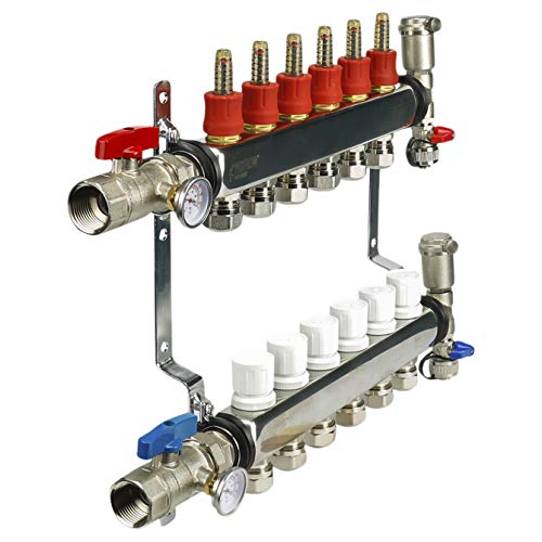 Image of Midline Valve NQT106 PEX Manifold 1 /2 in. for Radiant Heating System; with Valves, Vents, Gauges, and Mounting Brackets; Stainless Steel; 6 Port