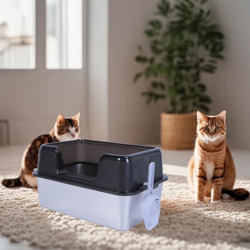 Caixa de areia para gatos de aço inoxidável com tampa, caixa de areia grande de alta face para gatos