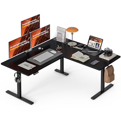 Image of Grandder 63 x 55 Inch L Shaped Standing Desk, Electric Height Adjustable Corner Stand Up Desk, Sit Stand Corner Table Home Office Table, Black Top Black Frame