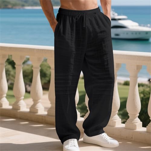 Linen Pants for Men Baggy Straight Legs Open Bottom Drawstring Lounge Pants Lightweight Solid Summer Beach Trousers3