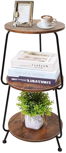 Small Round Side Table, 3 Tier Circular Narrow End Table with Storage Shelf, Round Corner Coffee Table Nightstand, Compact Tea Sofa Table for Living Room Bedroom Small Spaces, Rustic, Vintage, Brown