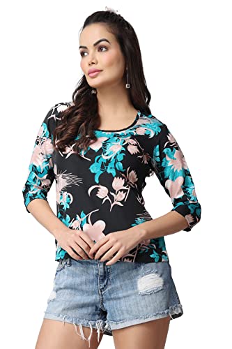 Image of POPWINGS Casual Printed Puff Sleeves Round Neck Top for Women || Stylish Summer Tops for Women || Hip-Length Women Top