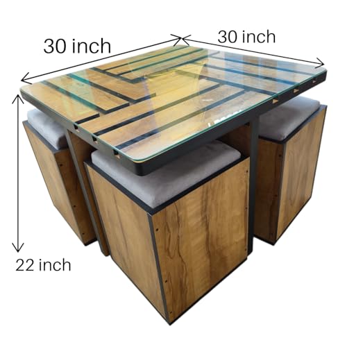 Image of 4 Puffy Center Table Cum Dining Table | Engineered Wood Coffee Table with Cushioned Stools | Space Saving Furniture for Living Room