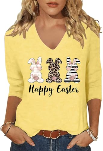 Image of Woffccrd Womens 3 /4 Sleeve V Neck T-Shirts Valentina's Day Spring Shirts Love Heart Printed Graphic Tees