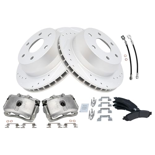 Image of TRQ Brake Pad & Rotor Kit Slotted X Drilled Performance Semi-Metallic Compatible with 2005-2006 Cadillac Escalade 2002 GMC Yukon