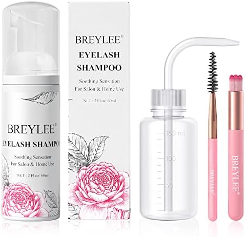 BREYLEE Lash Shampoo, 60ml+Rinse Bottle+Wand+Brush, Eyelash Extension Cleanser, Lash Cleanser for Extensions, Lash Wash, Lash Bath, Lash Cleaner, Paraben & Sulfate Free for Salon and Home Use