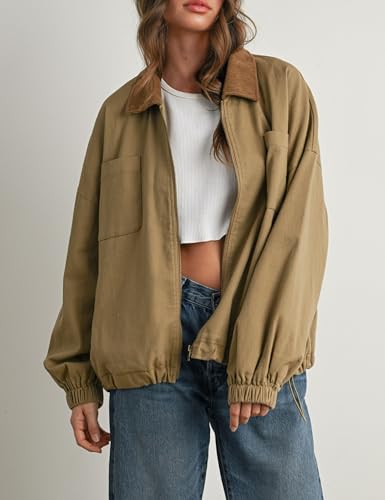 Women’s Barn Jacket Corduroy Collar Zipper Utility Jacket Cinchable Hem Workwear Jacket with Pockets3