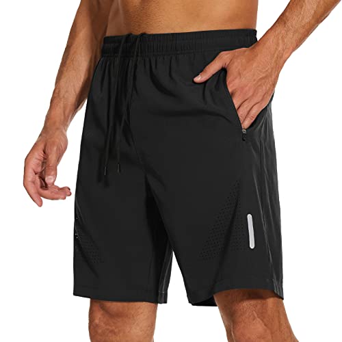 YUTYTH Mens Gym Running Shorts Breathable Quick Dry 7 Gym Athletic Shorts with Zipper Pockets and Reflective Strip Black