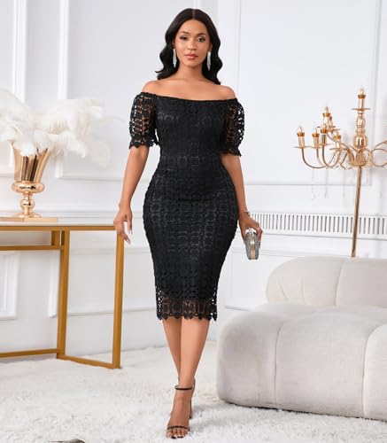Image of Cololura Elegant Sexy Floral Lace Short Sleeve Off Shoulder Evening Gown Party Formal Bodycon Midi Dress