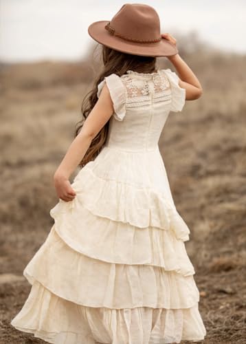 Girls Boho Cap Sleeve Elegant Linen Flower Round Neck Tiered Ruffle Swing Summer Wedding Party Maxi Dress3