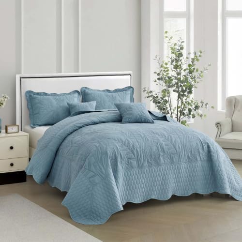 Image of Bedspread oversized King 120x118,Beautiful Leaf Stitching,5 PC, Ashley Blue