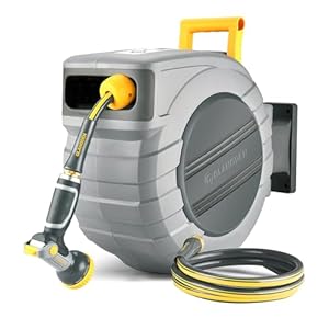 Retractable Garden Hose Reel 5/8 in x 100 ft Upgraded UV Resistant Heavy Duty Automatic Hose Reel Wall Mount 3/4 in Brass Fitting 9 Pattern Nozzle Any Length Lock Slow Retraction 180° Swivel