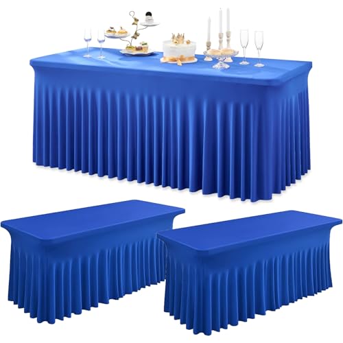 Image of 3 Packs Royal Blue Spandex Tablecloths for 6 Foot Rectangle Tables, Stretchy Fitted 6FT Royal Blue Table Skirt for Wedding Party, Wrinkle Free Tablecloths for Banquet Wedding Birthday Party