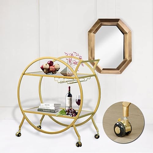 Image of Dcor Serving Trolley with 2 Metal Handles, Modern Wine Cart on Wheels, Round Mobile Trolley with 2 Tier Shelves for Kitchen Decoration, Liqueur, Cocktail (1)