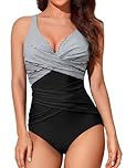Smismivo Tummy Control Swimsuits for Women Slimming One Piece Bathing Suit Modest Padded Ruched Push Up Long Torso Curvy V Neck Cute Criss Cross Swimming Full Coverage Swimwear (Black White Stripe)
