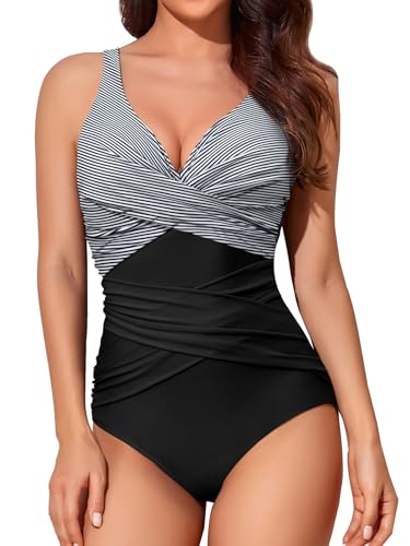 Smismivo Tummy Control Swimsuits for Women Slimming One Piece Bathing Suit Retro Ruched Push Up Vintage Padded Swimwear