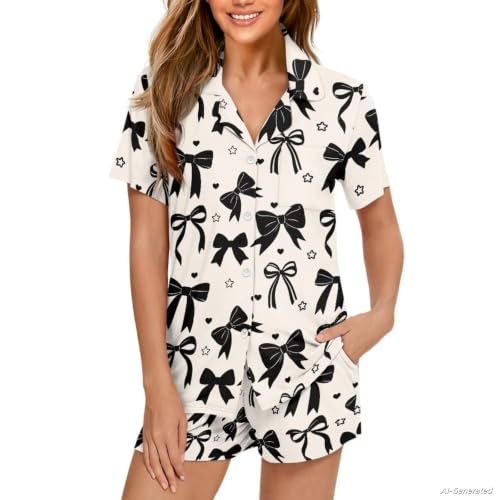 Image of Renewold Women's Short Sleeve Pajama Set Button Down Sleepwear with Notch Collar Soft Lounge Top and Shorts with Pockets