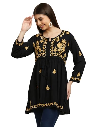 Image of FAWOMENT Women's Ethnic Modish Rayon Short Top with Fine Lucknow Chikankari Aari Embroiderey