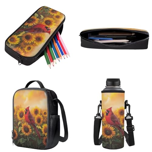Cardinal Sunflower Print Backpacks School Bag Set with Lunch Box Pencil Bag and Water Bottle Holder, 4 Pcs Set Bookbag Travel Daypack Laptop Backpack for Kids Girls Boys3