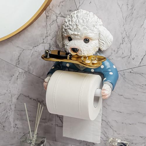 Toilet Roll Holder Cute Teddy Dog Shape Drill-Free Toilet Paper Holder with Shelf Wall Mounted Waterproof Corrosion-Resistant Toilet Paper Roll Holder for Bathroom, Toilet Paper Holder with Shelf,