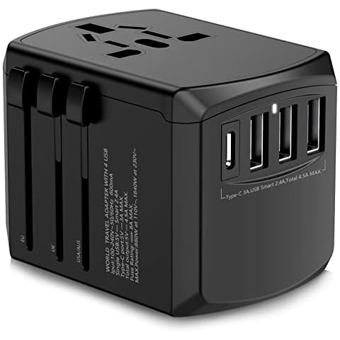 Universal International Travel Plug Adapter with USB-C, Evershop UK to European US AUS Asia Worldwide Travel Adapter AC Power Adapter, 3 USB 1 Type C Smart Travel Power Adaptor Charger Cover