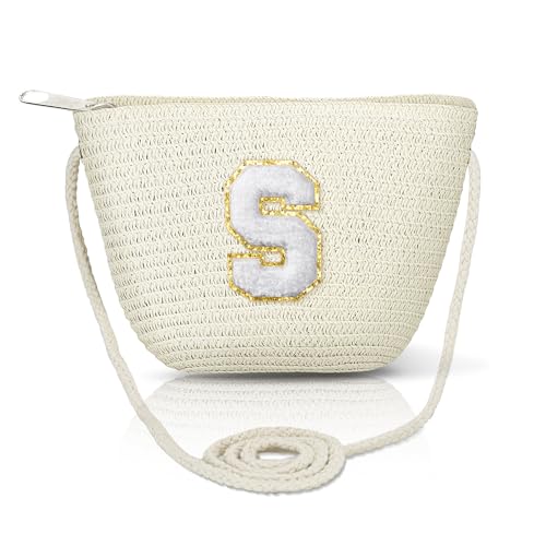 Bolsa transversal de palha para mulheres bolsas de verão iniciais feitas à mão bolsa de praia tecida para viagens férias presentes de aniversário personalizados, Bege-grande-S