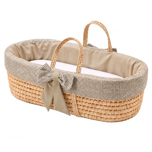 Ababy Khaki Gingham Moses Basket with Mattress 100% Cotton Liner & White Polycotton Fitted Sheet Luxury Portable Wicker Baby Basket for Newborns Neutral Nursery Moses Bed