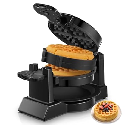 Foto di Waffle Maker, 1400 W doppio waffle belga 180° Flip, 8 fette in 3 minuti, piastre girevoli e antiaderenti, antigraffio, vassoio antigoccia rimovibile facile da pulire, manico fresco al tatto,