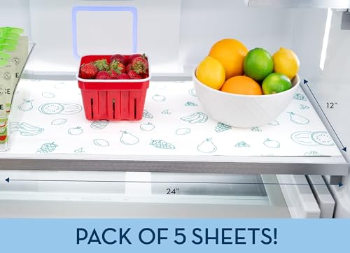 S&T INC. Fridge Liners, Shelf Liners for Kitchen Cabinets and Storage Bins, Non Adhesive Refrigerator Liners, Washable and Absorbent, 12 Inch x 24 Inch, Fruits, 5 Pack