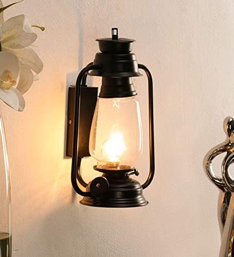GreyWings Vintage Lantern Wall Light for Home Dรฉcor, Black Iron & Glass Antique Sconce Lamp for Living Room Bedroom Hall, Indoor Wall Lighting, (Bulb Not Included) Pack of 1