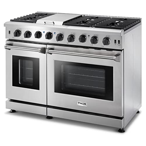 Thor Kitchen 48" Freestanding Gas Range With 6 Burners & 1 Griddle Cooktop, Double 4.6 Cu. Ft. And 2.2 Cu. Ft. Oven Capacity, Continuous Cast Iron Grates, Dual Fuel Range In Stainless Steel, Lrg4807U #TOP1