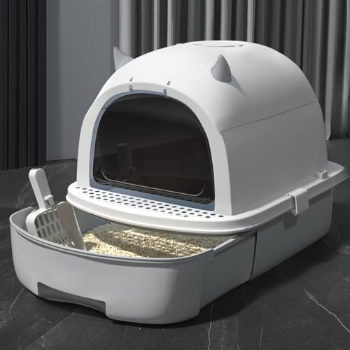 「NexPon」猫用トイレ本体 大型 フルカバー 猫トイレ 灰色 引き出し式 ふた付き 大きいサイズ ゆったり おしゃれ 猫砂が飛び散り防止 臭い防止 折りたたみ スコップ付き 猫 トイレ 猫用トイレ (スペースグレイ)