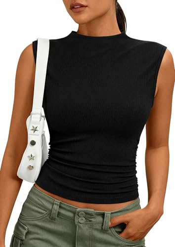 PRETTYGARDEN Sleeveless Tops for Women Ribbed Mock Neck Tank Top Slim Fitted Ruched Basic Layering Shirts 2026 Summer Clothes (Black,Small)