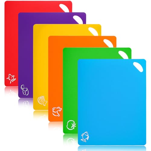 Chopping Boards, 6Pcs, Kitchen Cutting Mat in Color, Plastic Chopping Board Set with Food Icons & Easy-Grip Handles, Extra-Thick Flexible, Ideal for Home Kitchen, Camping & RV Cooking